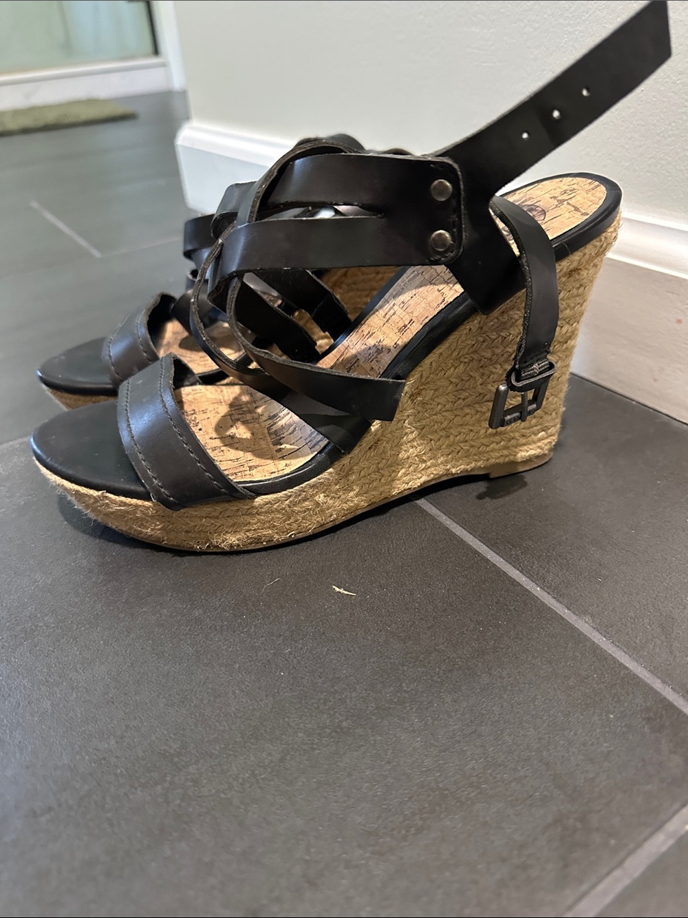 Guess Black Leather Espadrille Wedge Sandals